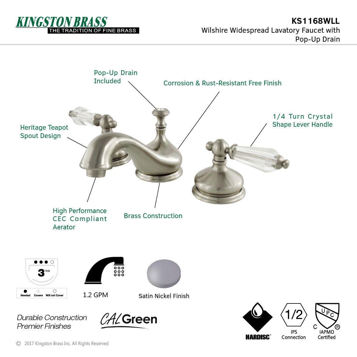 Wilshire KS1168WLL Two-Handle 3-Hole Deck Mount Widespread Bathroom Faucet with Brass Pop-Up, Brushed Nickel