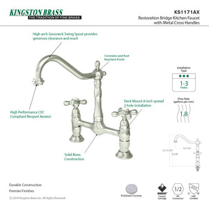 Heritage KS1171AX Two-Handle 2-Hole Deck Mount Bridge Kitchen Faucet, Polished Chrome