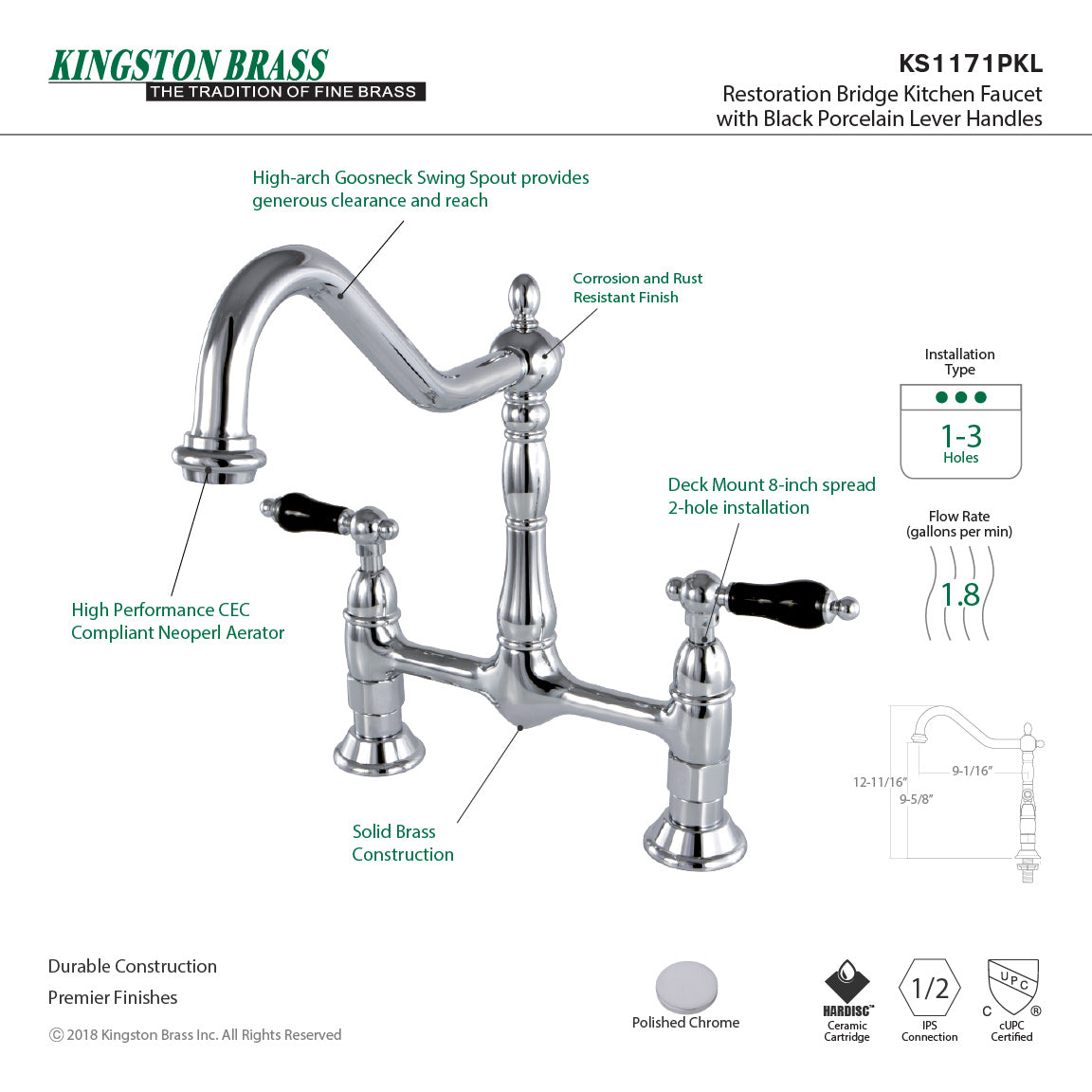 Duchess KS1171PKL Two-Handle 2-Hole Deck Mount Bridge Kitchen Faucet, Polished Chrome