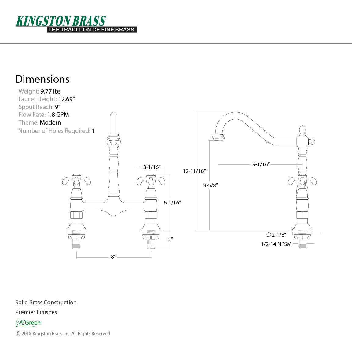 French Country KS1171TX Two-Handle 2-Hole Deck Mount Bridge Kitchen Faucet, Polished Chrome