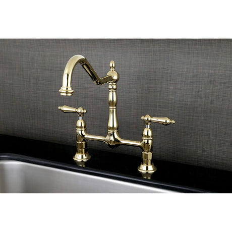 Heritage KS1172AL Two-Handle 2-Hole Deck Mount Bridge Kitchen Faucet, Polished Brass