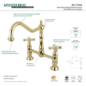 Heritage KS1172AX Two-Handle 2-Hole Deck Mount Bridge Kitchen Faucet, Polished Brass