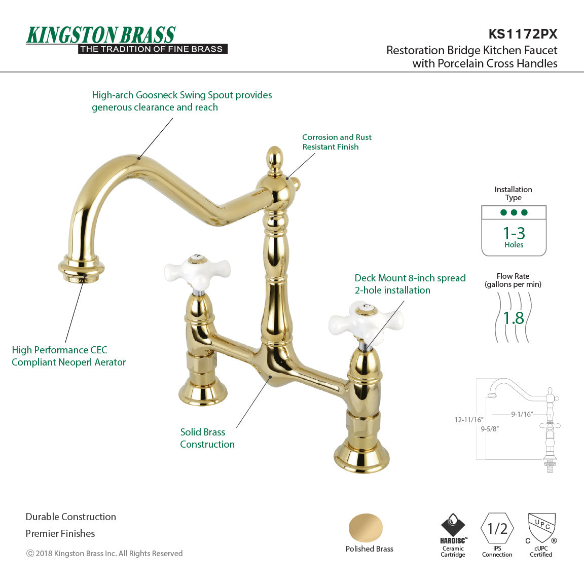 Heritage KS1172PX Two-Handle 2-Hole Deck Mount Bridge Kitchen Faucet, Polished Brass