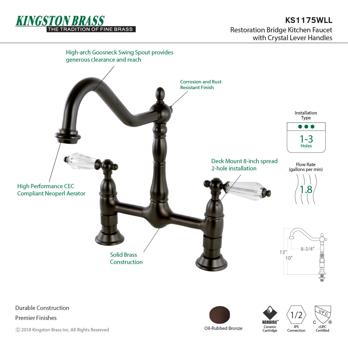 Wilshire KS1175WLL Two-Handle 2-Hole Deck Mount Bridge Kitchen Faucet, Oil Rubbed Bronze