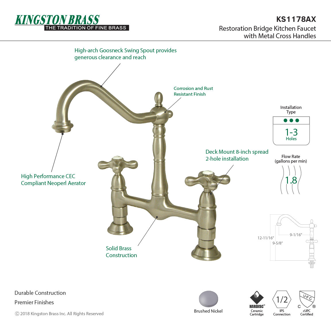 Heritage KS1178AX Two-Handle 2-Hole Deck Mount Bridge Kitchen Faucet, Brushed Nickel