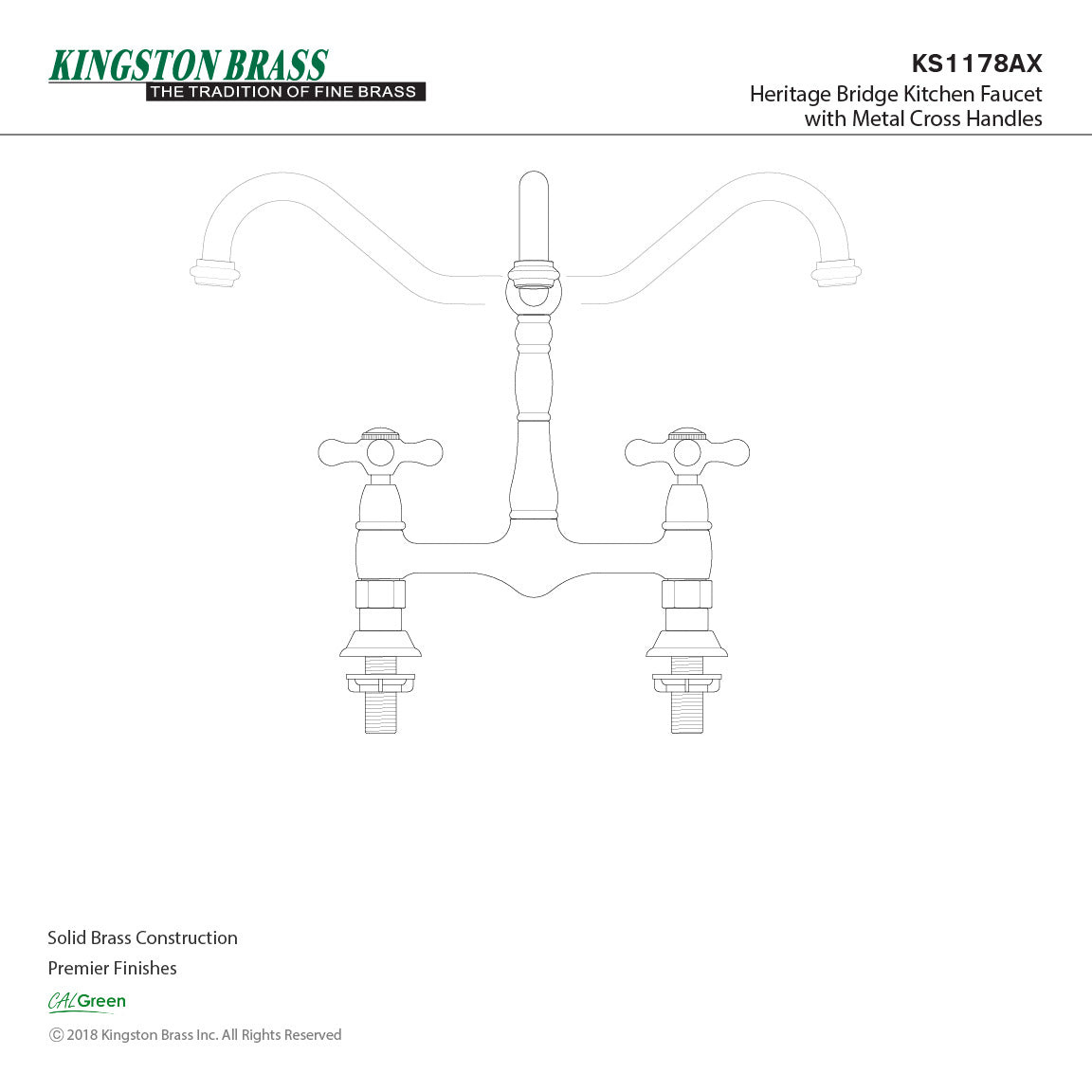 Heritage KS1178AX Two-Handle 2-Hole Deck Mount Bridge Kitchen Faucet, Brushed Nickel