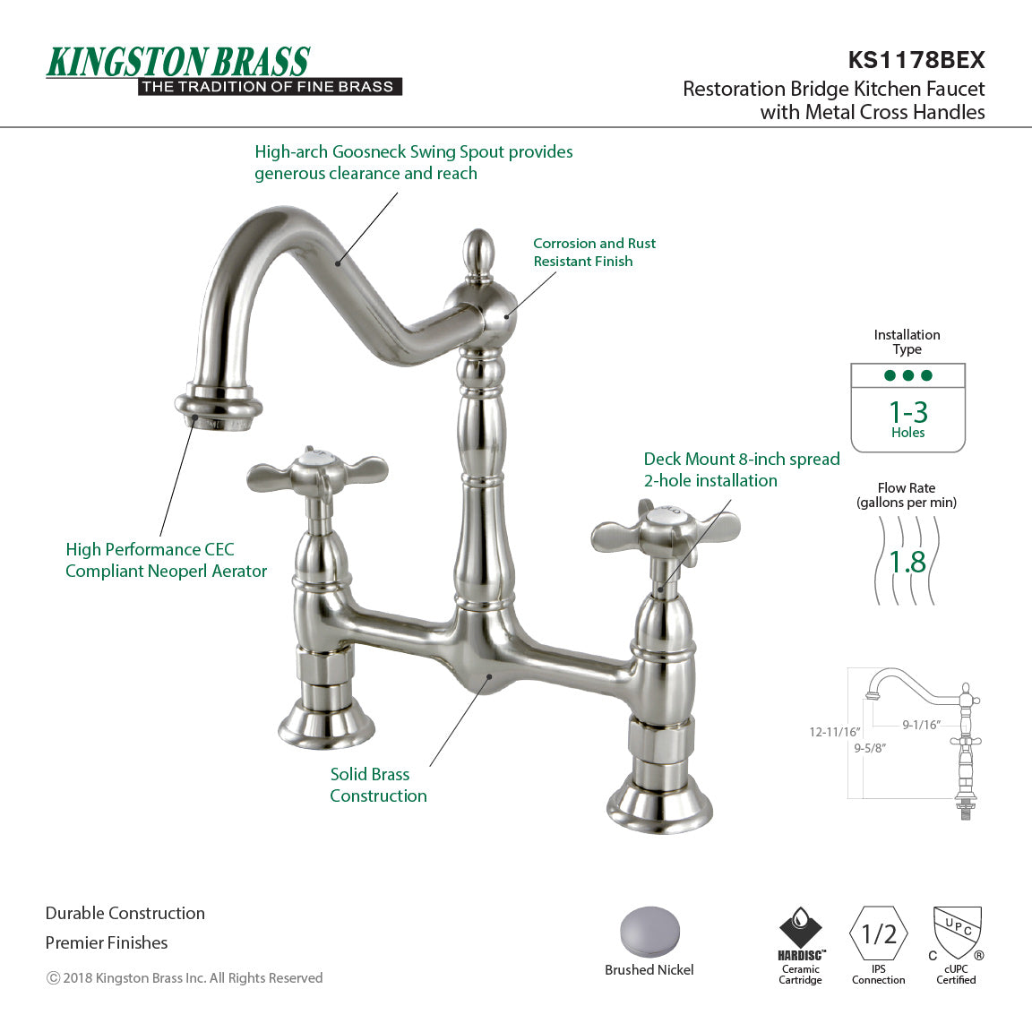 Essex KS1178BEX Two-Handle 2-Hole Deck Mount Bridge Kitchen Faucet, Brushed Nickel