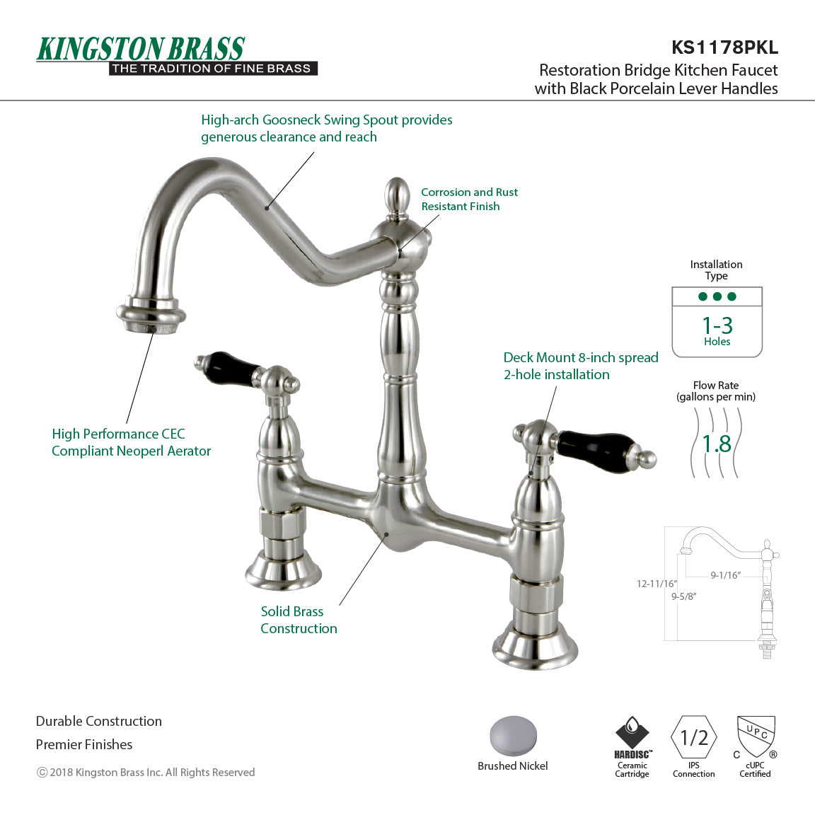 Duchess KS1178PKL Two-Handle 2-Hole Deck Mount Bridge Kitchen Faucet, Brushed Nickel