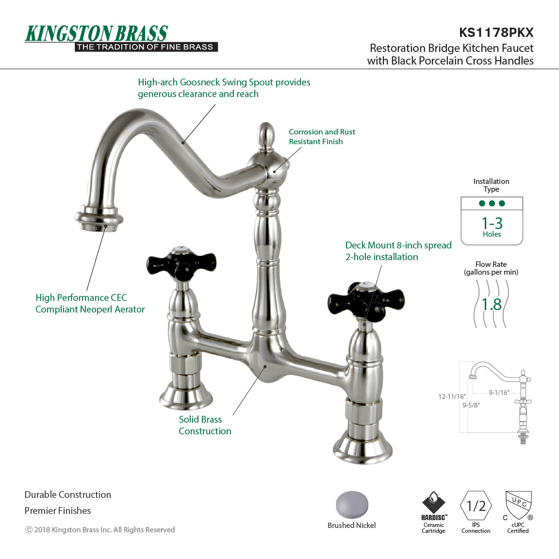 Duchess KS1178PKX Two-Handle 2-Hole Deck Mount Bridge Kitchen Faucet, Brushed Nickel