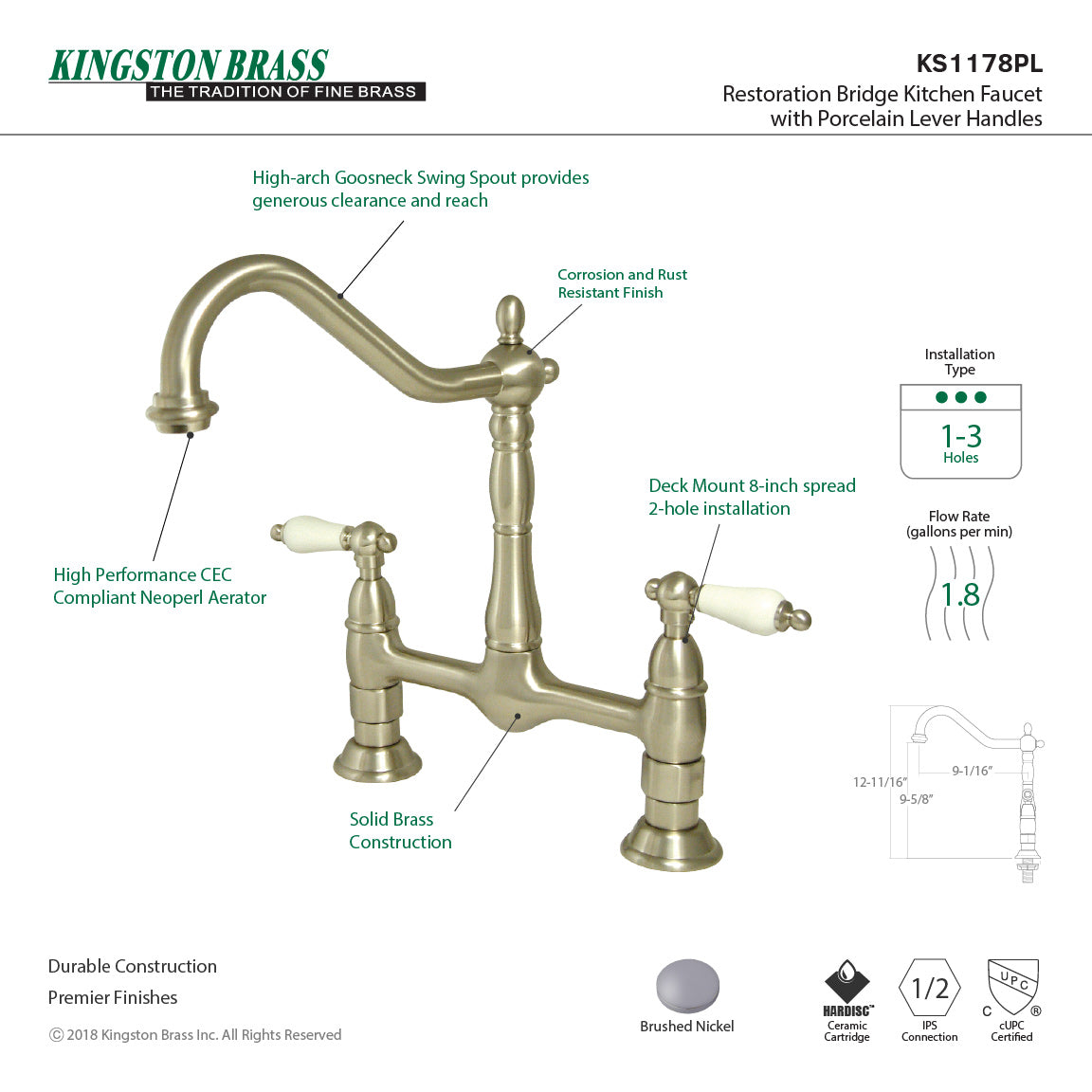 Heritage KS1178PL Two-Handle 2-Hole Deck Mount Bridge Kitchen Faucet, Brushed Nickel