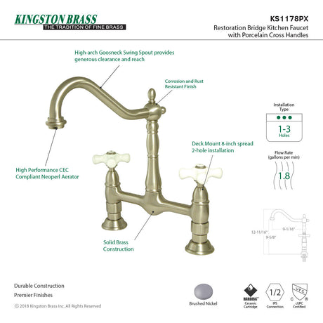 Heritage KS1178PX Two-Handle 2-Hole Deck Mount Bridge Kitchen Faucet, Brushed Nickel