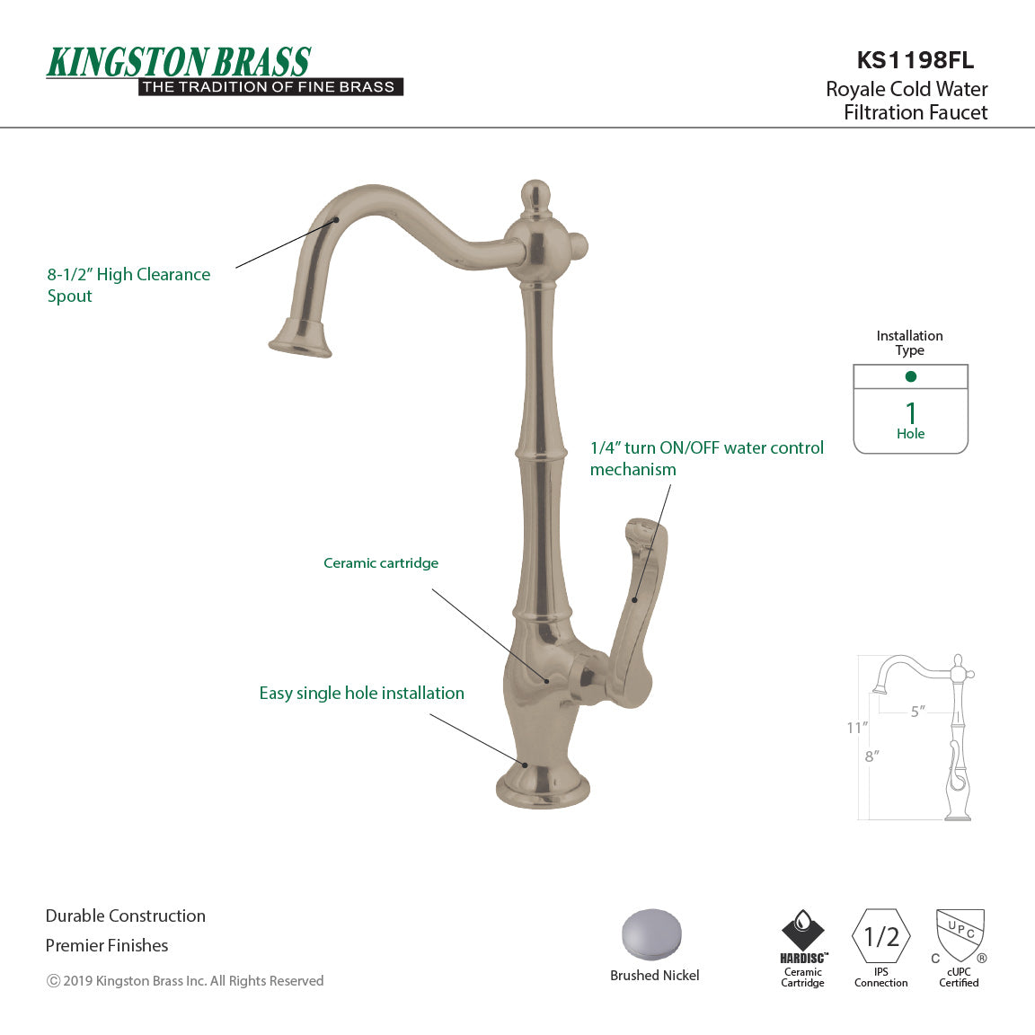 Royale KS1198FL Single-Handle 1-Hole Deck Mount Water Filtration Faucet, Brushed Nickel