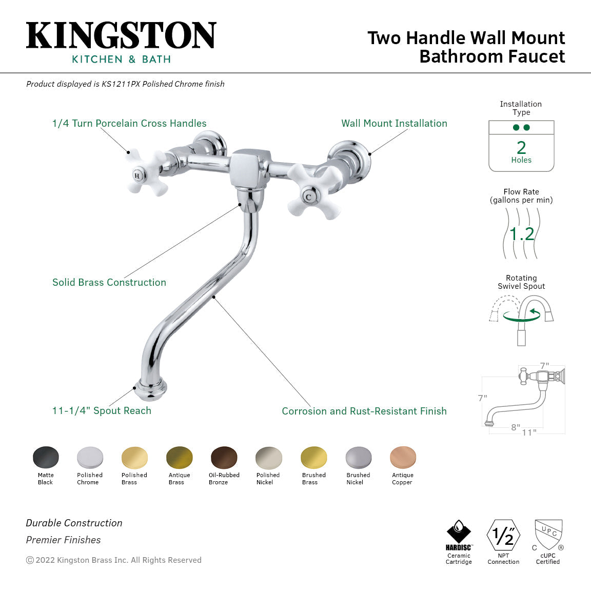 Heritage KS1210PX Two-Handle 2-Hole Wall Mount Bathroom Faucet, Matte Black