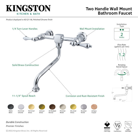 Heritage KS1212AL Two-Handle 2-Hole Wall Mount Bathroom Faucet, Polished Brass