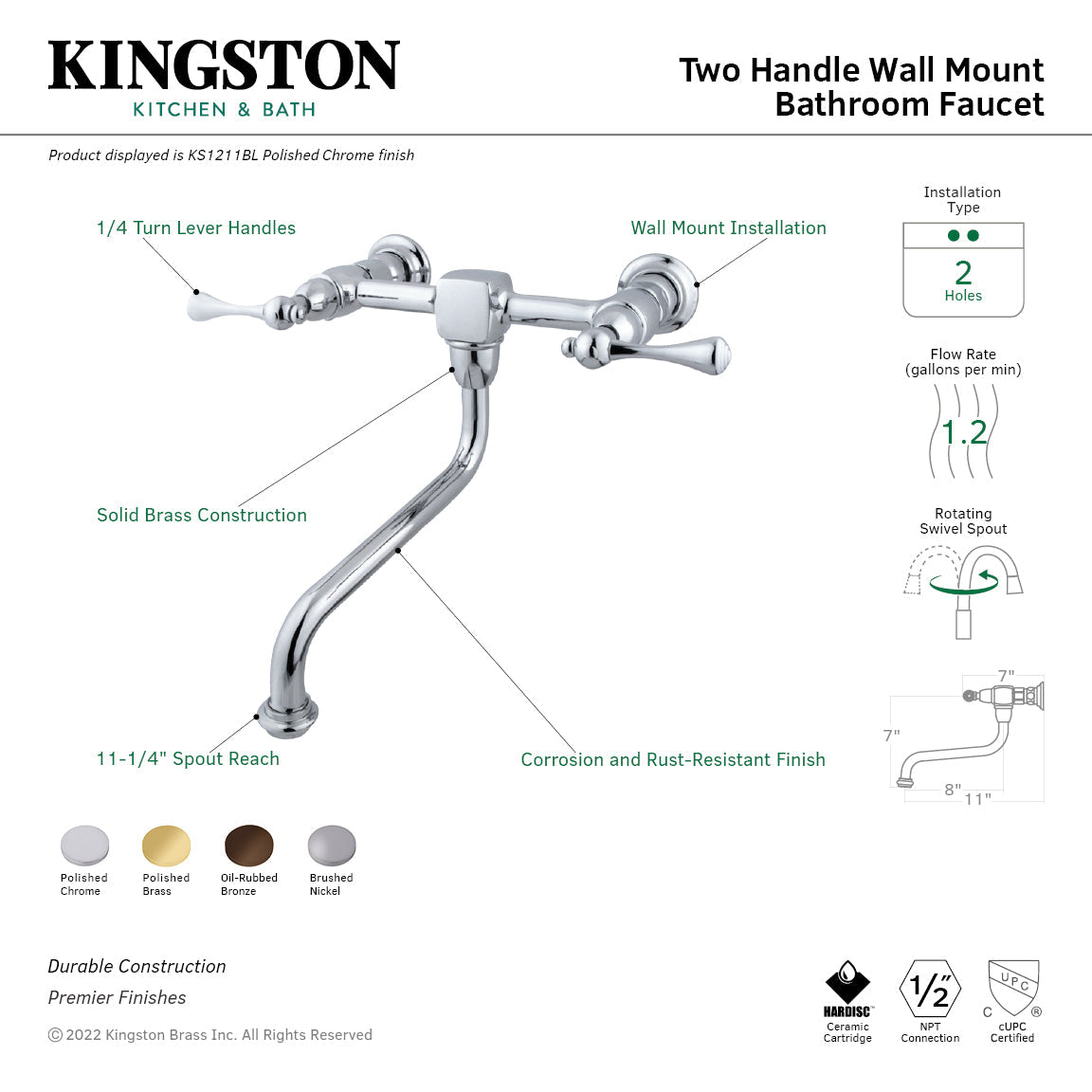 Heritage KS1212BL Two-Handle 2-Hole Wall Mount Bathroom Faucet, Polished Brass