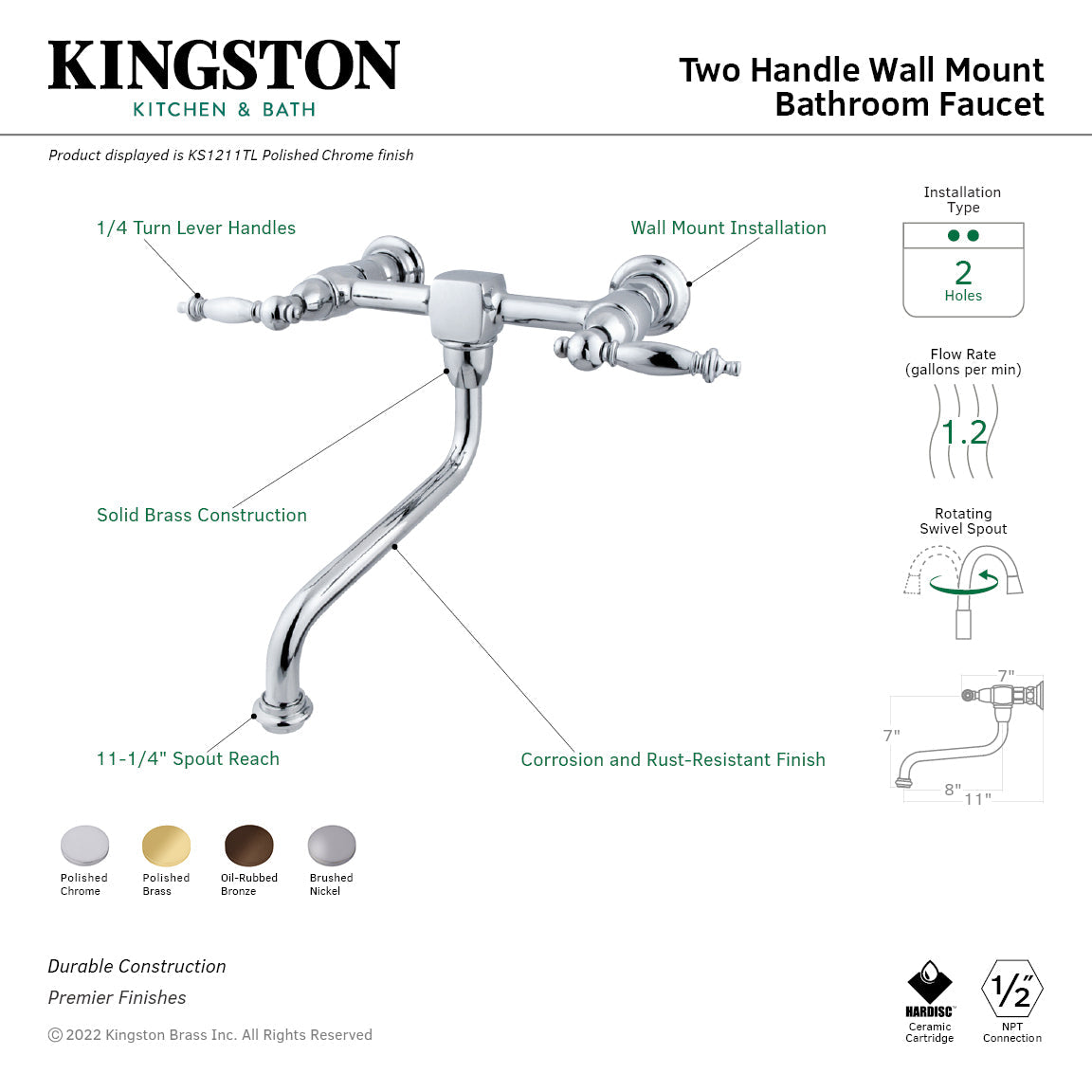 Heritage KS1212TL Two-Handle 2-Hole Wall Mount Bathroom Faucet, Polished Brass