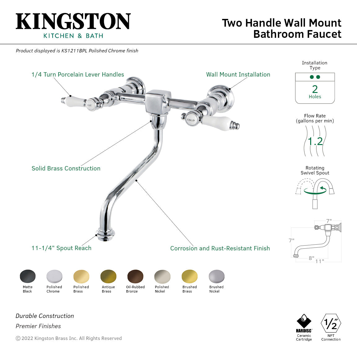 Bel-Air KS1215BPL Two-Handle 2-Hole Wall Mount Bathroom Faucet, Oil Rubbed Bronze