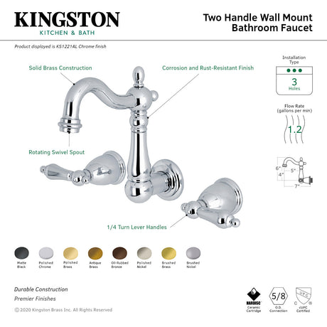 Heritage KS1227AL Two-Handle 3-Hole Wall Mount Bathroom Faucet, Brushed Brass