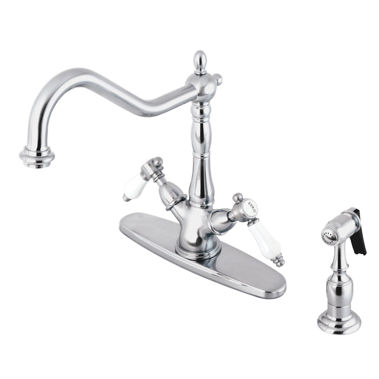 Bel-Air KS1231BPLBS Two-Handle 2-or-4 Hole Deck Mount Kitchen Faucet with Brass Sprayer, Polished Chrome