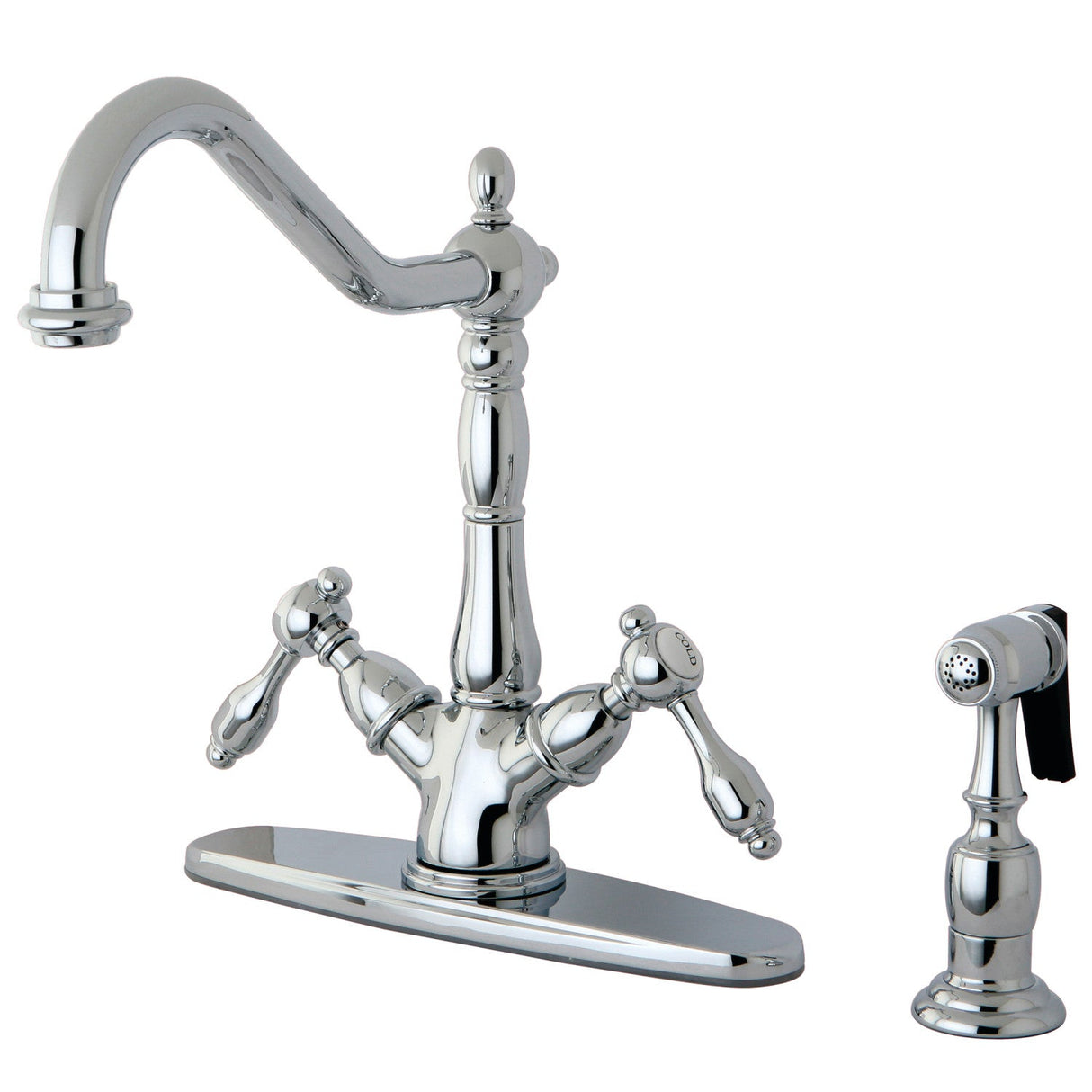 Tudor KS1231TALBS Two-Handle 1-or-3 Hole Deck Mount Kitchen Faucet with Brass Sprayer, Polished Chrome
