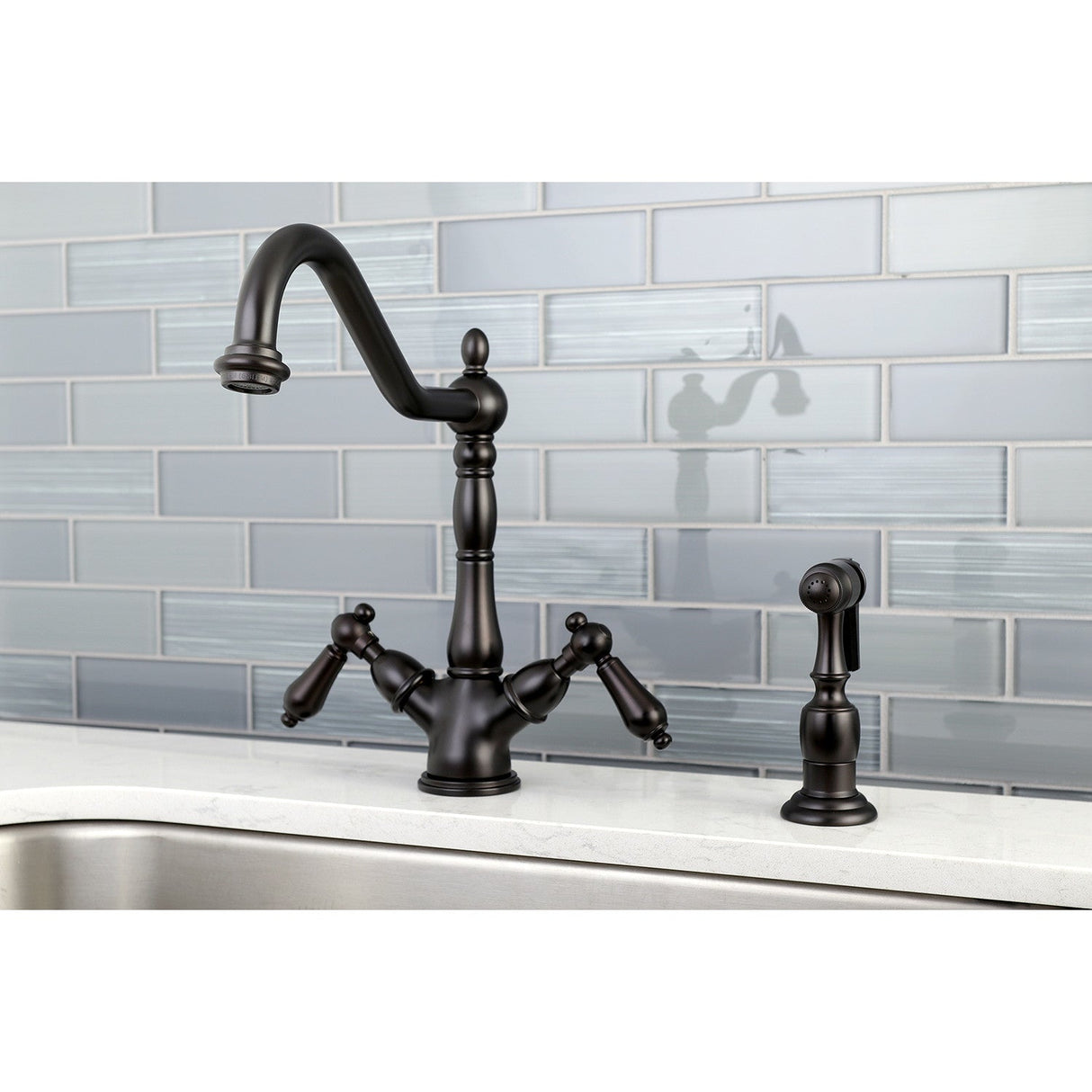 Heritage KS1235ALBS Two-Handle 2-or-4 Hole Deck Mount Kitchen Faucet with Brass Sprayer, Oil Rubbed Bronze