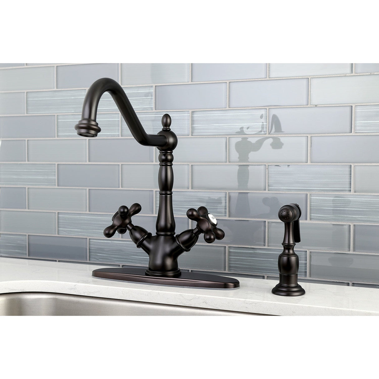 Heritage KS1235AXBS Two-Handle 2-or-4 Hole Deck Mount Kitchen Faucet with Brass Sprayer, Oil Rubbed Bronze