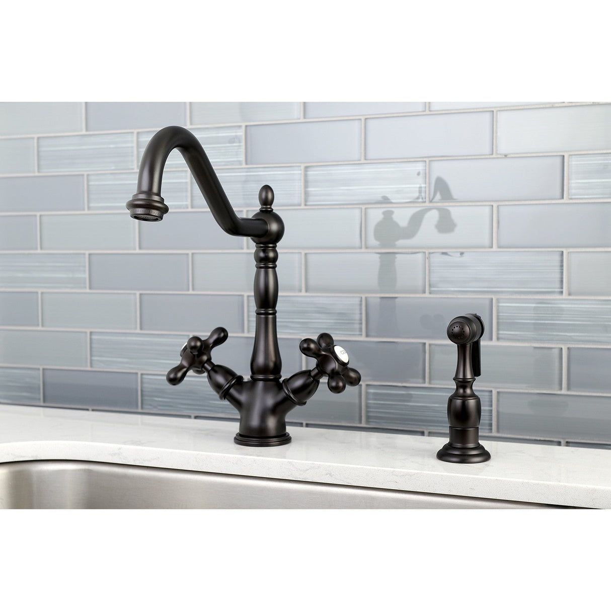 Heritage KS1235AXBS Two-Handle 2-or-4 Hole Deck Mount Kitchen Faucet with Brass Sprayer, Oil Rubbed Bronze
