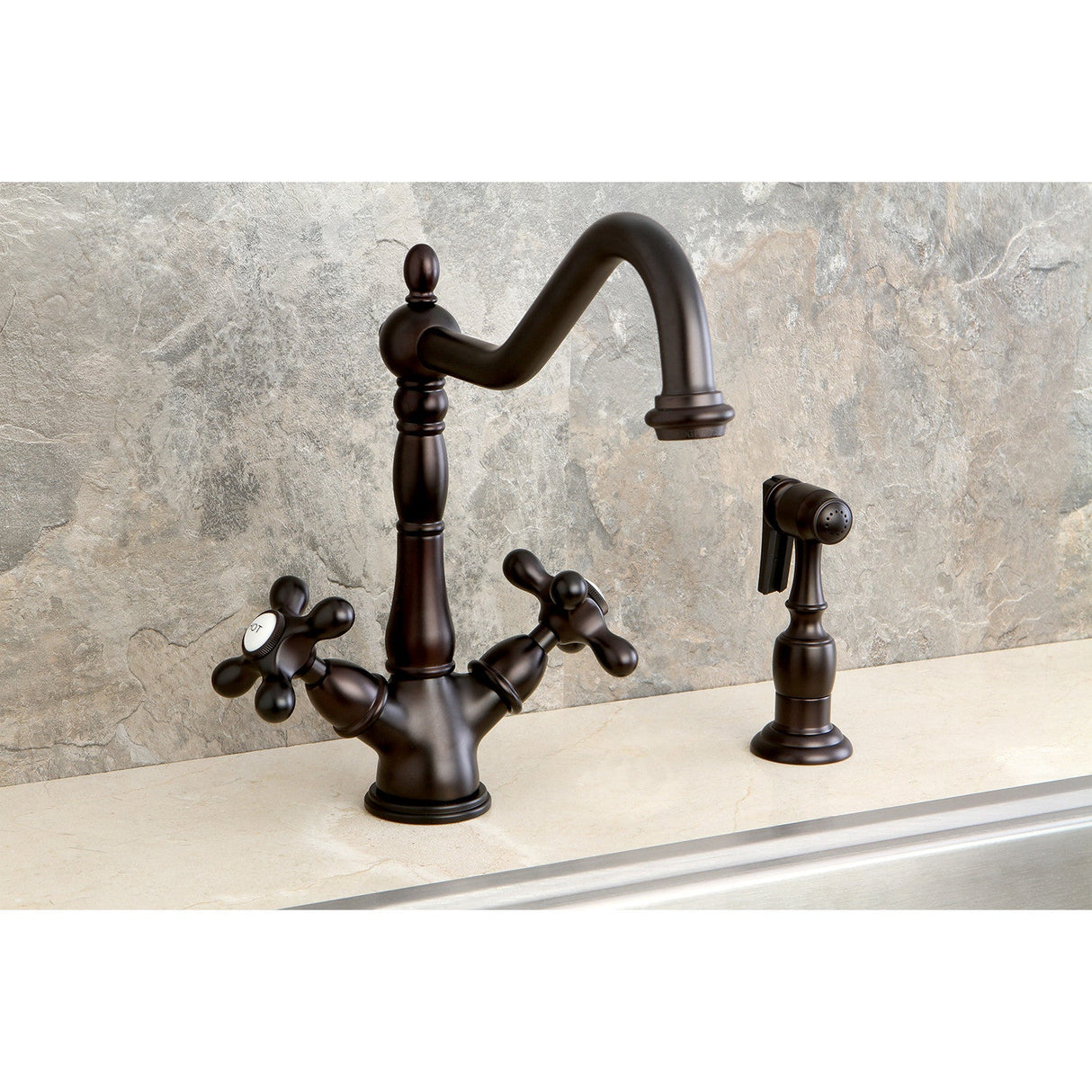 Heritage KS1235AXBS Two-Handle 2-or-4 Hole Deck Mount Kitchen Faucet with Brass Sprayer, Oil Rubbed Bronze