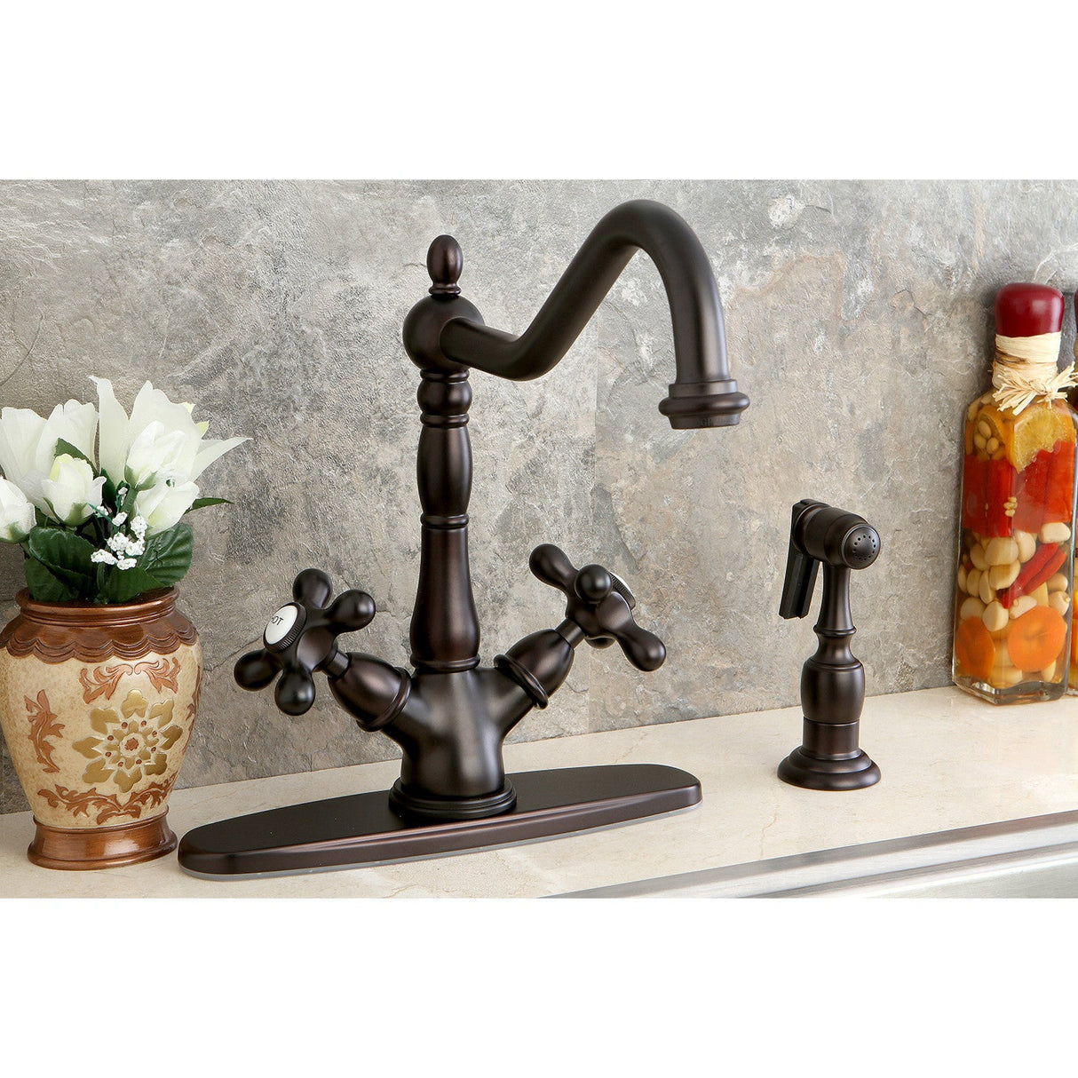 Heritage KS1235AXBS Two-Handle 2-or-4 Hole Deck Mount Kitchen Faucet with Brass Sprayer, Oil Rubbed Bronze