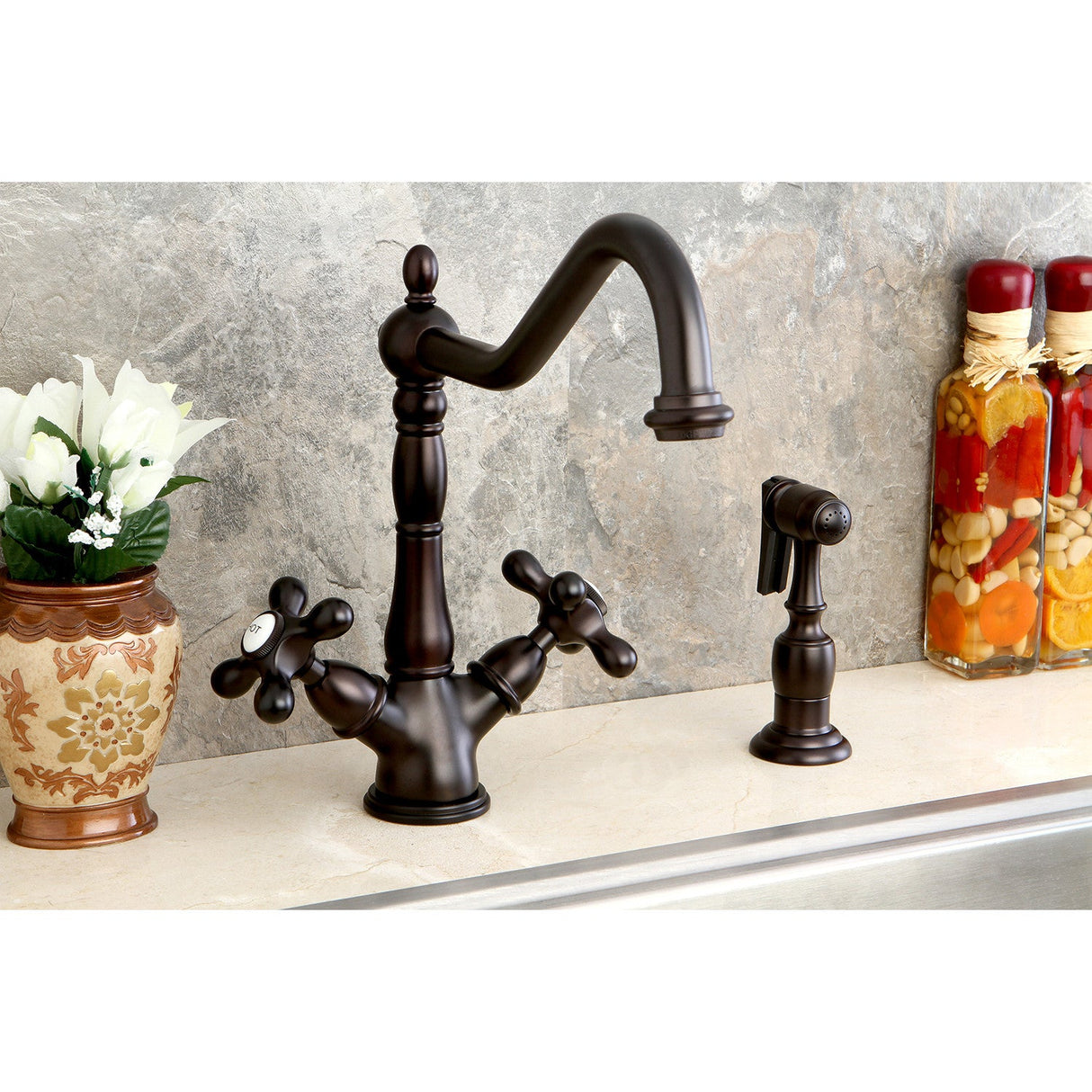 Heritage KS1235AXBS Two-Handle 2-or-4 Hole Deck Mount Kitchen Faucet with Brass Sprayer, Oil Rubbed Bronze