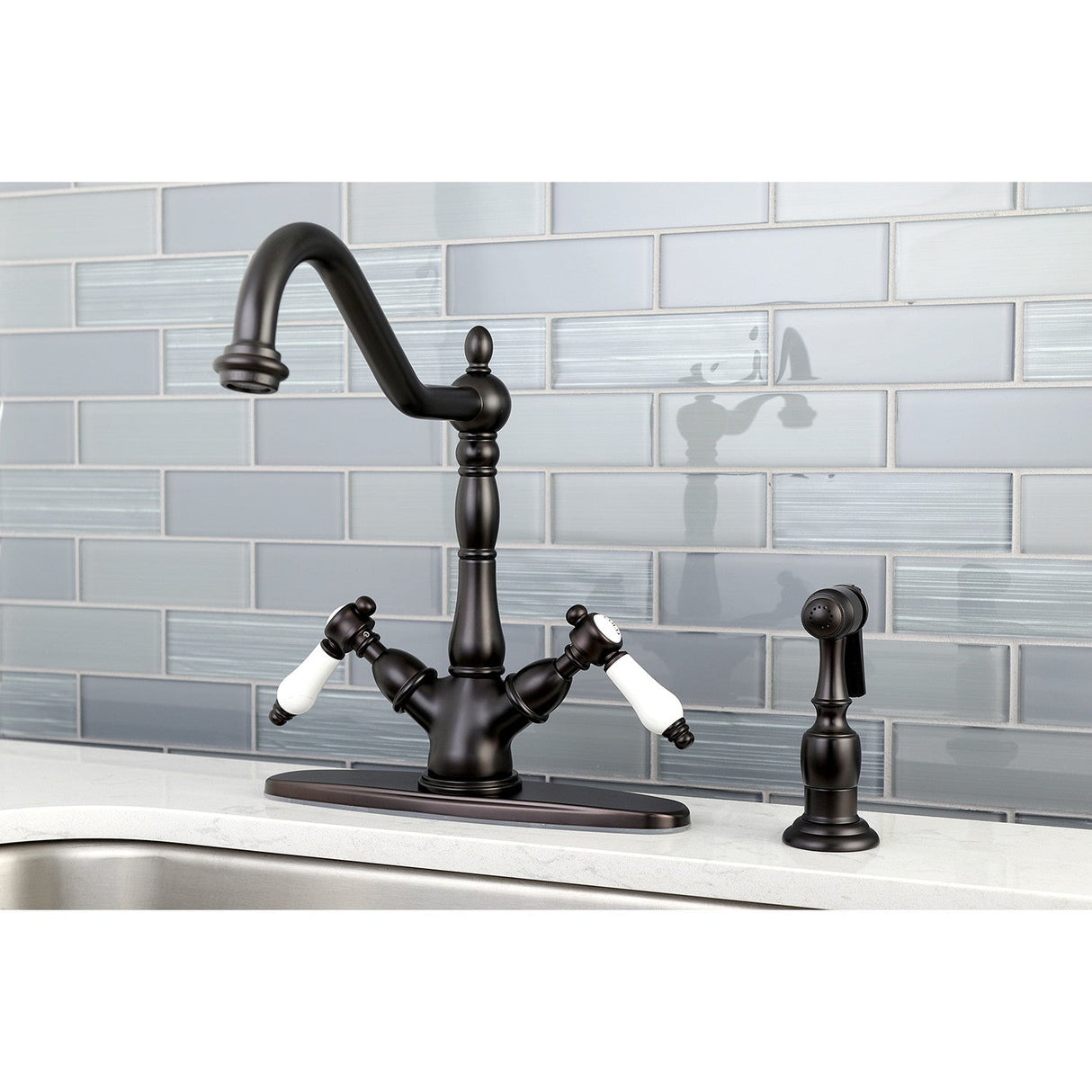Bel-Air KS1235BPLBS Two-Handle 2-or-4 Hole Deck Mount Kitchen Faucet with Brass Sprayer, Oil Rubbed Bronze