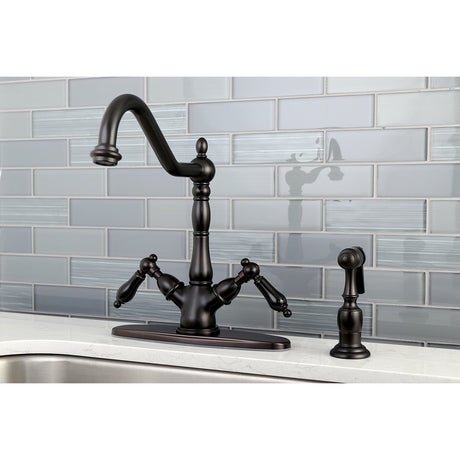 Duchess KS1235PKLBS Two-Handle 2-or-4 Hole Deck Mount Kitchen Faucet with Brass Sprayer, Oil Rubbed Bronze