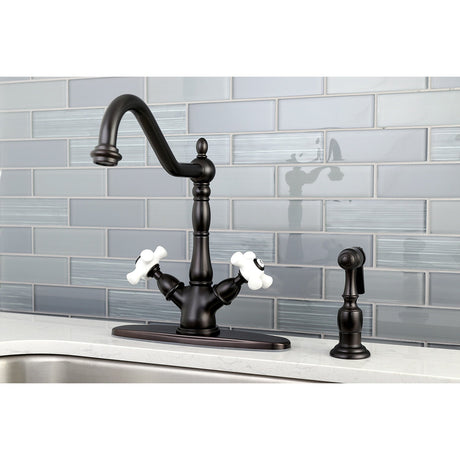 Heritage KS1235PXBS Two-Handle 2-or-4 Hole Deck Mount Kitchen Faucet with Brass Sprayer, Oil Rubbed Bronze