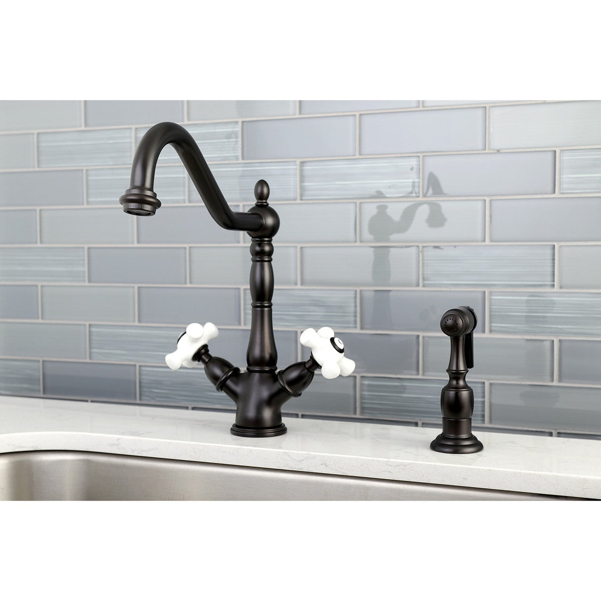 Heritage KS1235PXBS Two-Handle 2-or-4 Hole Deck Mount Kitchen Faucet with Brass Sprayer, Oil Rubbed Bronze