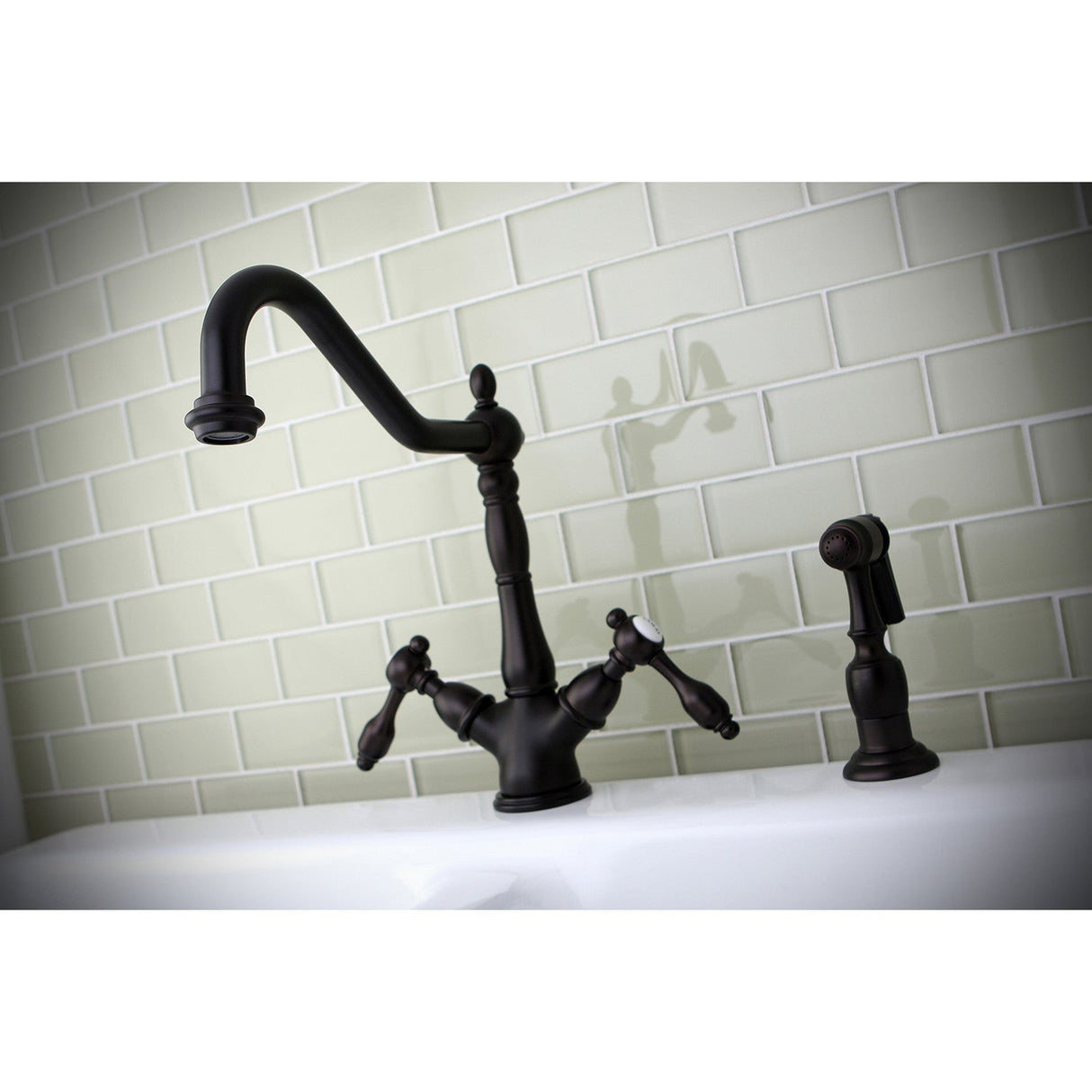 Tudor KS1235TALBS Two-Handle 1-or-3 Hole Deck Mount Kitchen Faucet with Brass Sprayer, Oil Rubbed Bronze