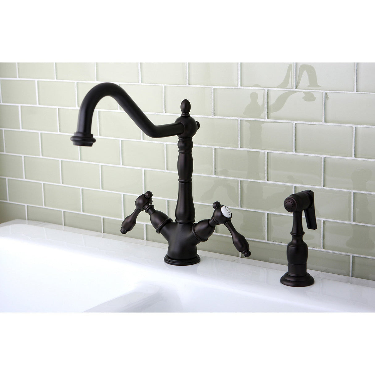 Tudor KS1235TALBS Two-Handle 1-or-3 Hole Deck Mount Kitchen Faucet with Brass Sprayer, Oil Rubbed Bronze