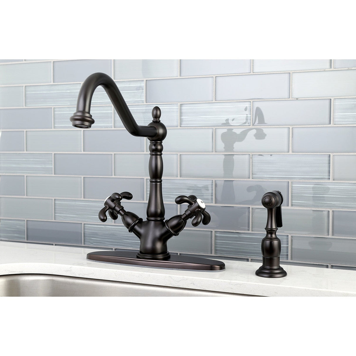 French Country KS1235TXBS Two-Handle 2-or-4 Hole Deck Mount Kitchen Faucet with Brass Sprayer, Oil Rubbed Bronze