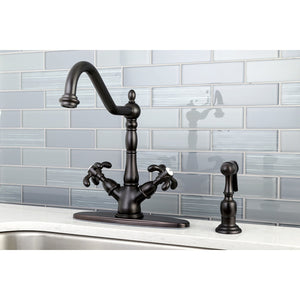 French Country KS1235TXBS Two-Handle 2-or-4 Hole Deck Mount Kitchen Faucet with Brass Sprayer, Oil Rubbed Bronze