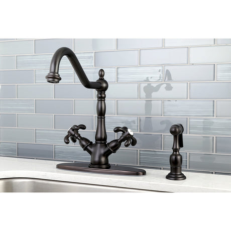 French Country KS1235TXBS Two-Handle 2-or-4 Hole Deck Mount Kitchen Faucet with Brass Sprayer, Oil Rubbed Bronze