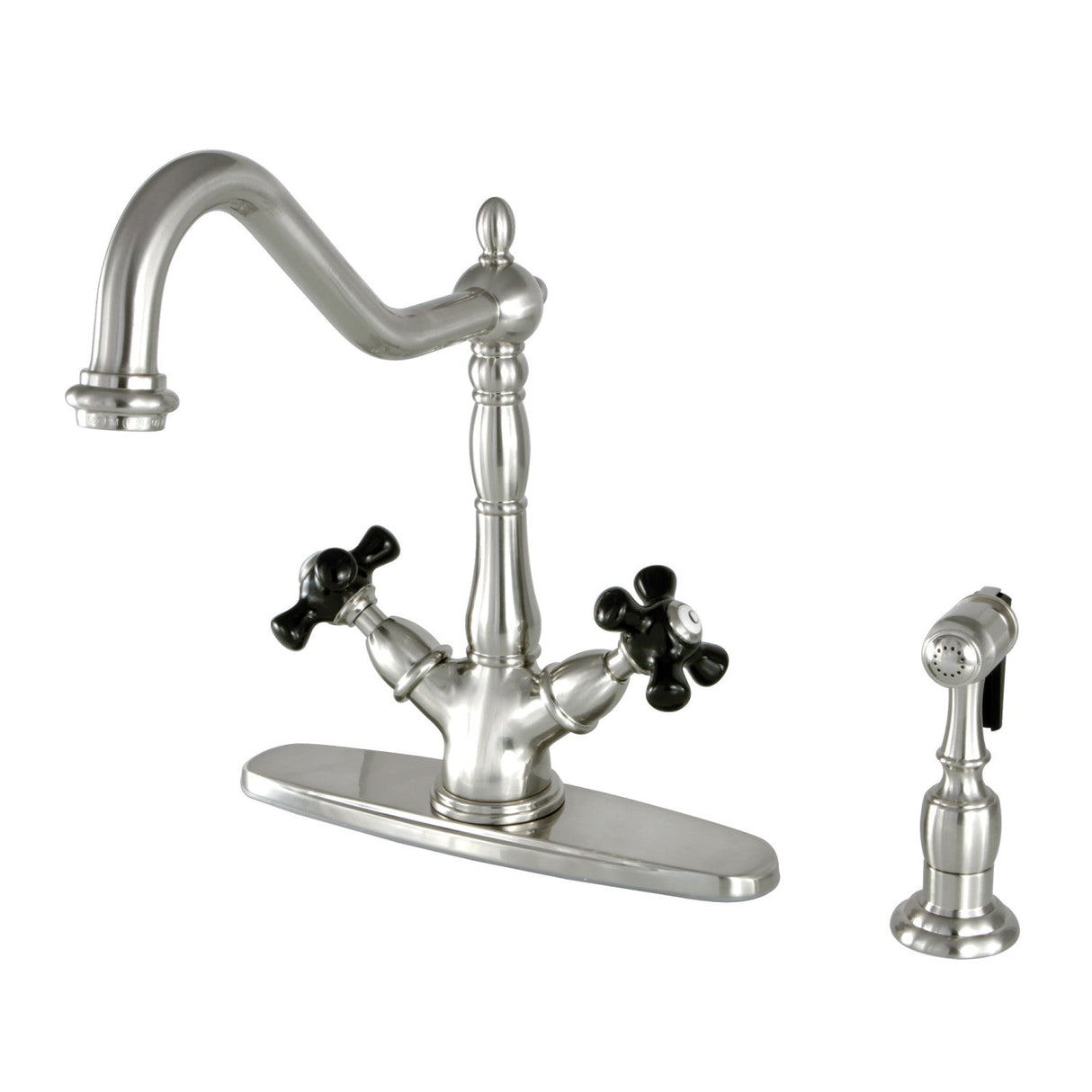 Duchess KS1238PKXBS Two-Handle 2-or-4 Hole Deck Mount Kitchen Faucet with Brass Sprayer, Brushed Nickel