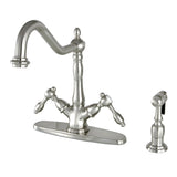 Tudor KS1238TALBS Two-Handle 1-or-3 Hole Deck Mount Kitchen Faucet with Brass Sprayer, Brushed Nickel