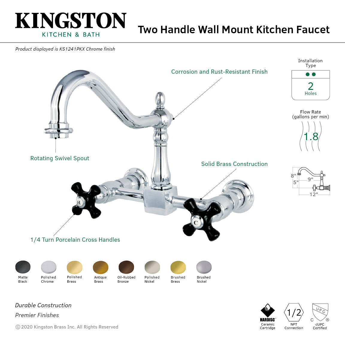 Duchess KS1240PKX Two-Handle 2-Hole Wall Mount Bridge Kitchen Faucet, Matte Black