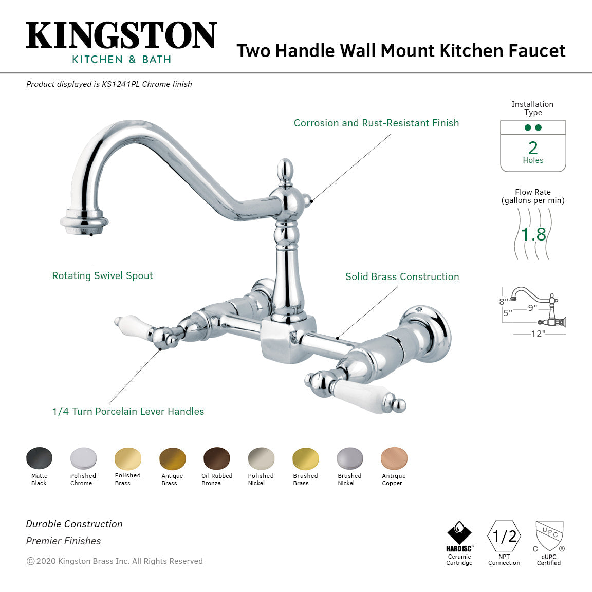 Heritage KS1240PL Two-Handle 2-Hole Wall Mount Bridge Kitchen Faucet, Matte Black