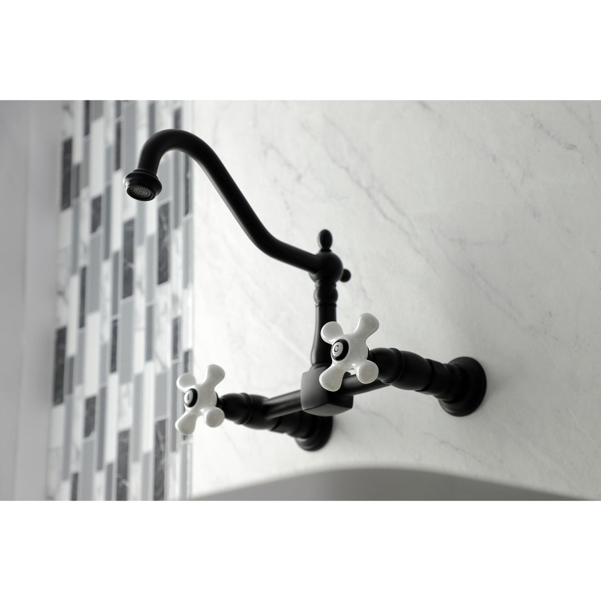 Heritage KS1240PX Two-Handle 2-Hole Wall Mount Bridge Kitchen Faucet, Matte Black