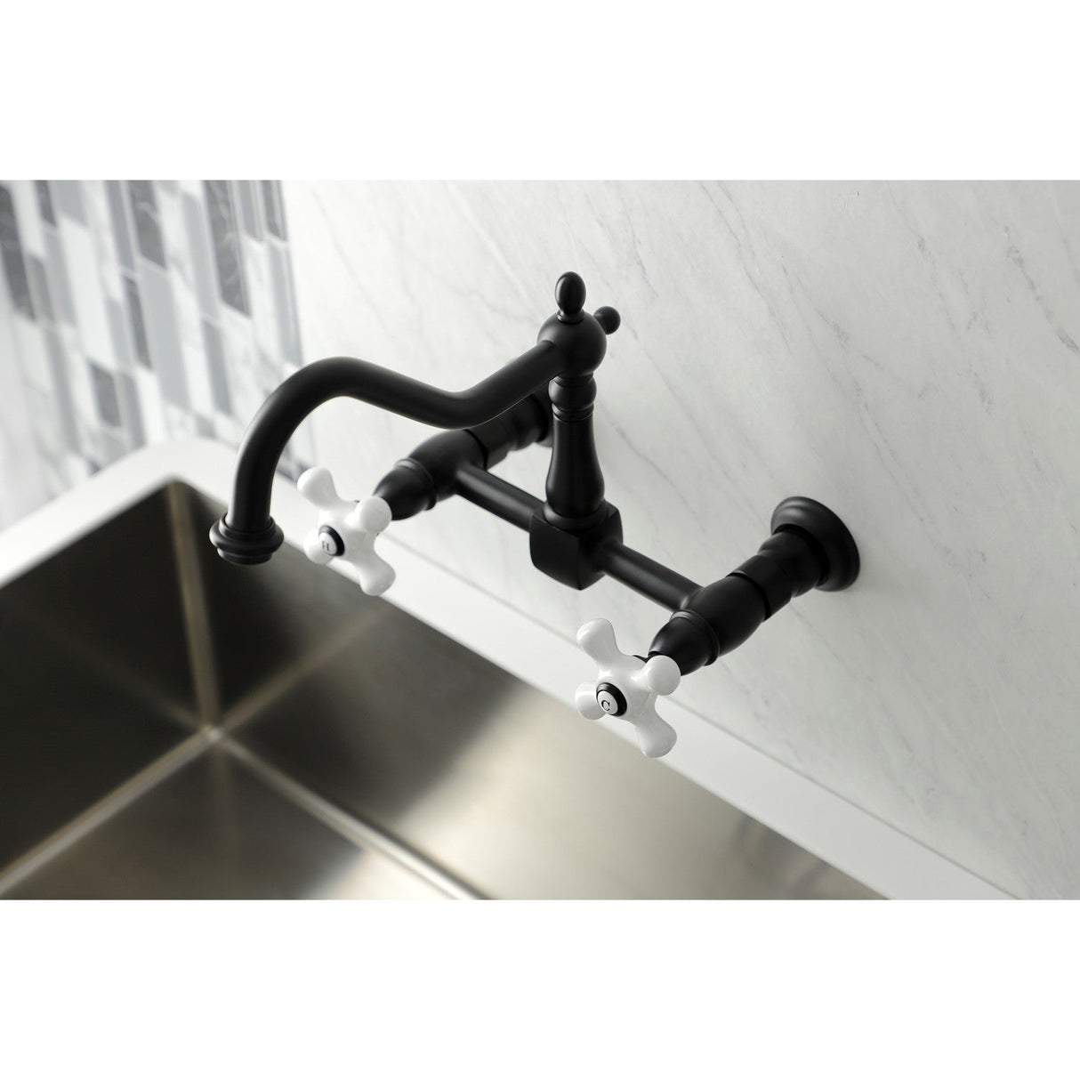 Heritage KS1240PX Two-Handle 2-Hole Wall Mount Bridge Kitchen Faucet, Matte Black