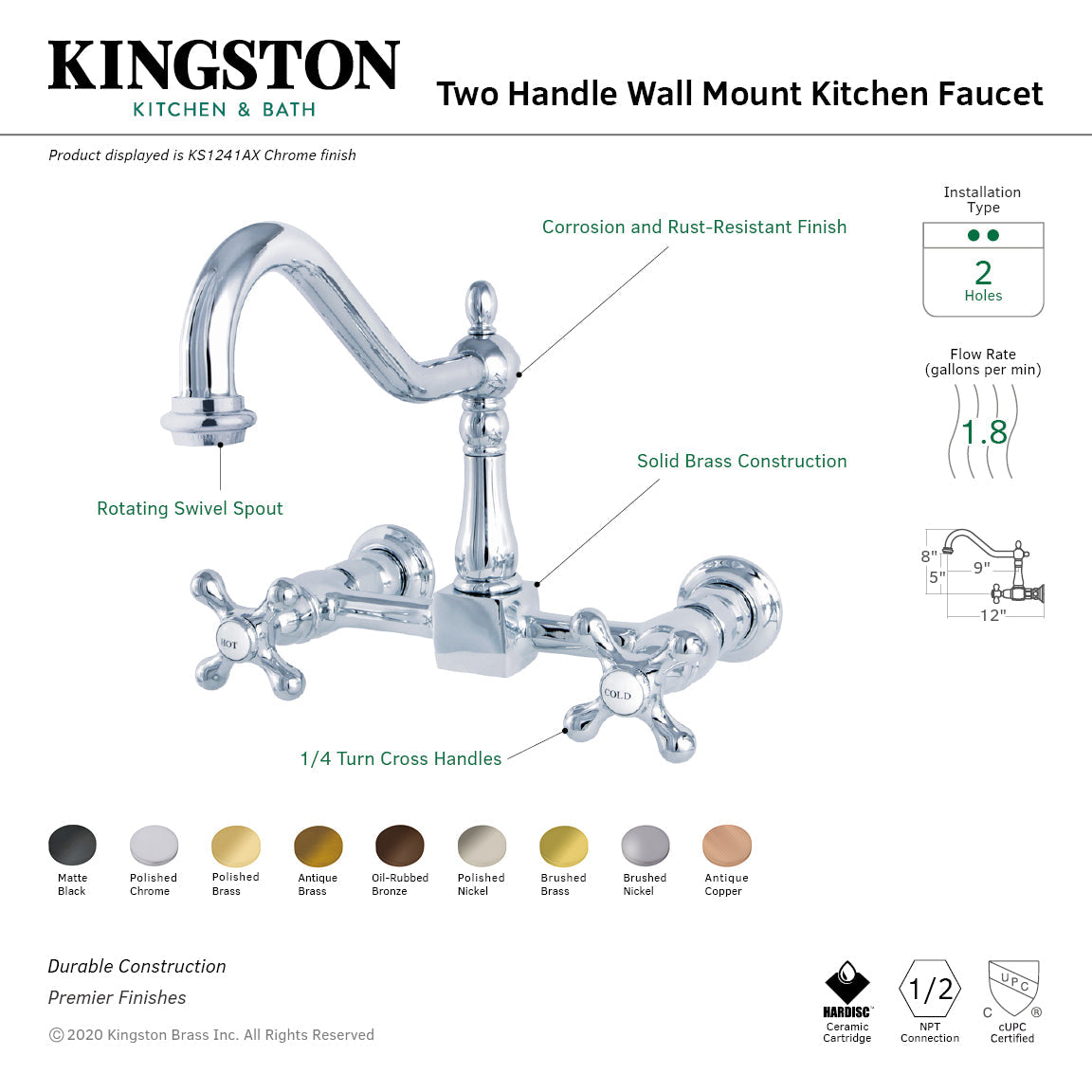 Heritage KS1241AX Two-Handle 2-Hole Wall Mount Bridge Kitchen Faucet, Polished Chrome