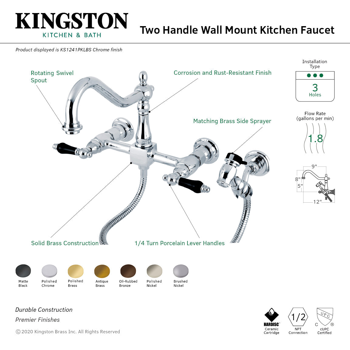 Duchess KS1241PKLBS Two-Handle 2-Hole Wall Mount Bridge Kitchen Faucet with Brass Sprayer, Polished Chrome