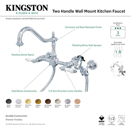 Heritage KS1241PLBS Two-Handle 2-Hole Wall Mount Bridge Kitchen Faucet with Brass Sprayer, Polished Chrome