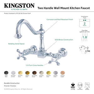 Heritage KS1242AX Two-Handle 2-Hole Wall Mount Bridge Kitchen Faucet, Polished Brass