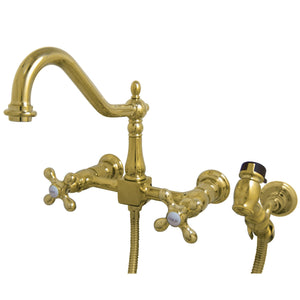 Heritage KS1242AXBS Two-Handle 2-Hole Wall Mount Bridge Kitchen Faucet with Brass Sprayer, Polished Brass